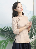 女装 高品质斜纹亚麻复古盘扣中式 杏色 春秋七分袖 龙妙旗袍上衣