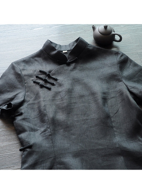 龙妙亚麻全盘扣改良旗袍上衣夏短袖民国女服大襟斜襟中式女装 默