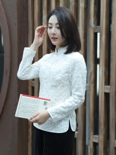 龙妙春季 旗袍式蕾丝上衣 高端民国改良斜襟复古中式女装 玉石白