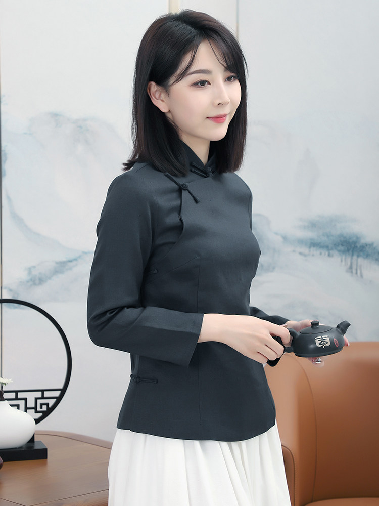 龙妙旗袍上衣秋装 九分长袖亚麻改良盘扣全开襟复古中式女装 藏青