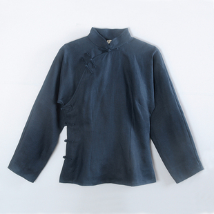 长袖 连袖 女装 新款 深宝蓝 亚麻改良中式 春秋 修身 龙妙 旗袍上衣