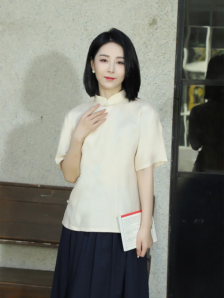 龙妙旗袍上衣四分连袖纯亚麻复古