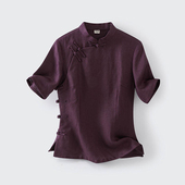 紫霞 女装 龙妙旗袍上衣夏四分中袖 改良民国大襟女服亚麻复古中式