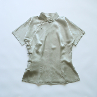 短袖 新款 连袖 真醋酸提花女服民国中式 米色 龙妙旗袍上衣 女装 夏季
