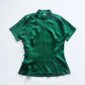 短袖 新款 连肩袖 醋酸提花中式 拼花墨绿色 龙妙旗袍上衣 女装 夏季