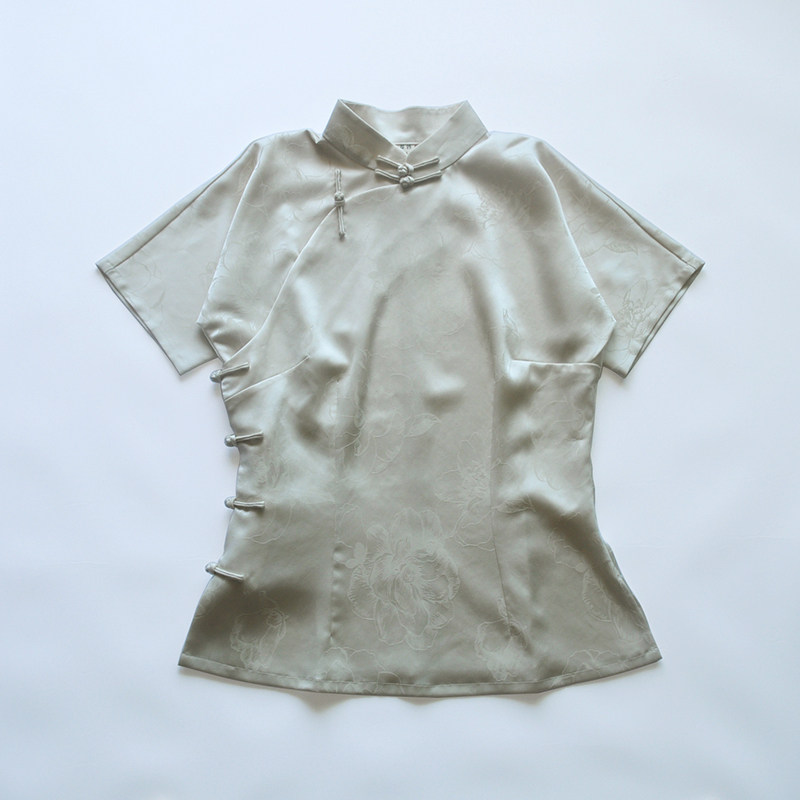 龙妙旗袍上衣 夏季新款短袖连袖真醋酸提花女服民国中式女装 米色