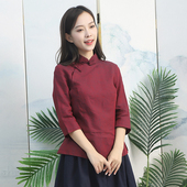 女装 芳华 复古盘扣改良中式 双色织亚麻七分袖 龙妙旗袍上衣春秋