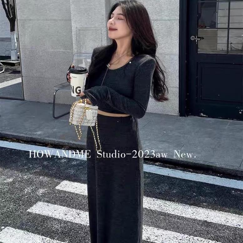 辣妹套装纯欲显瘦露腰T恤+长裙