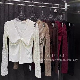 T恤内搭女 纯欲显瘦蕾丝拼接设计感v领长袖 wu33打底衫 2025秋冬新款