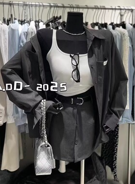ADD辣妹套装春季新款韩版百搭宽松显瘦字母贴标设计感衬衫+短裙女