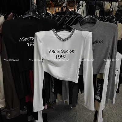 字母印花纯色圆领长袖T恤内搭