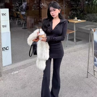 ALA休闲套装2025冬季韩系纯欲修身显瘦连帽加绒磨毛上衣+高腰长裤