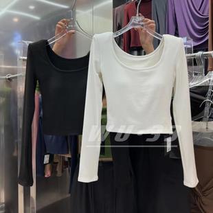 wu.33韩版 新款 纯欲显瘦自带胸垫设计感正肩T恤打底衫 方领上衣 冬季