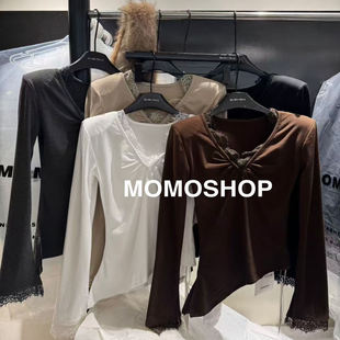 T恤女 纯欲显瘦蕾丝拼接设计感v领长袖 Momo加绒打底衫 2025秋冬新款