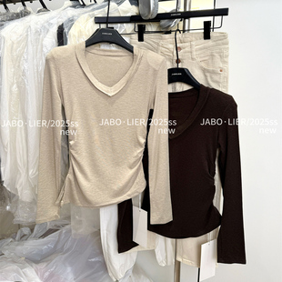 T恤加绒打底衫 显瘦收腰褶皱设计感v领长袖 女 洋气修身 2025秋冬新款