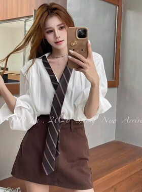 ADD衬衫2026春季新款百搭宽松显瘦翻领设计感长袖白色衬衣配领带