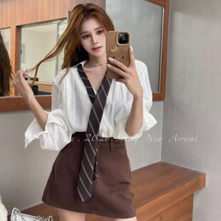 ADD衬衫2026春季新款百搭宽松显瘦翻领设计感长袖白色衬衣配领带