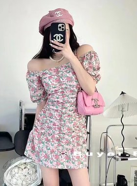 法式一字领褶皱碎花连衣裙