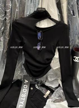 ADD韩版冬季新款性感显瘦心机挂脖镂空设计感长袖T恤加厚抓绒上衣