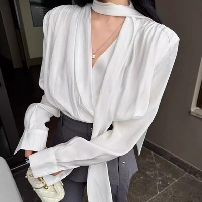 气质收腰显瘦高级感飘带天丝衬衫