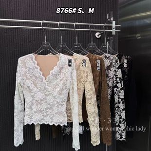 纯欲显瘦交叉v领设计感蕾丝衫 wu33加厚磨毛T恤打底衫 2025秋冬新款