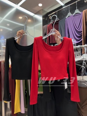 基础款纯色u领长袖T恤打底衫短款