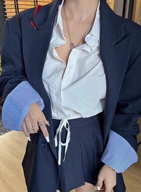 ALA韩版春季新款气质显瘦设计感西装外套+高腰百褶裙短裙两件套女