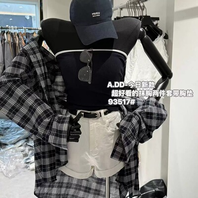 格子系带胸垫长袖衬衫女两件套夏