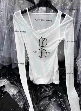 ADD韩版2025春夏新款纯欲显瘦假两件设计感薄款白色长袖T恤上衣女
