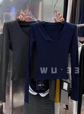 wu.33韩版秋冬新款性感显瘦加厚加绒设计感v领长袖T恤内搭打底衫