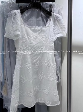 ADD短裙2025夏季新款气质显瘦绣花蕾丝设计感方领连衣裙白色a字裙