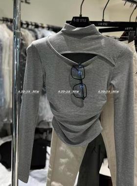 ADD韩版秋冬新款纯欲显瘦镂空拼接设计感长袖T恤高领打底衫短上衣