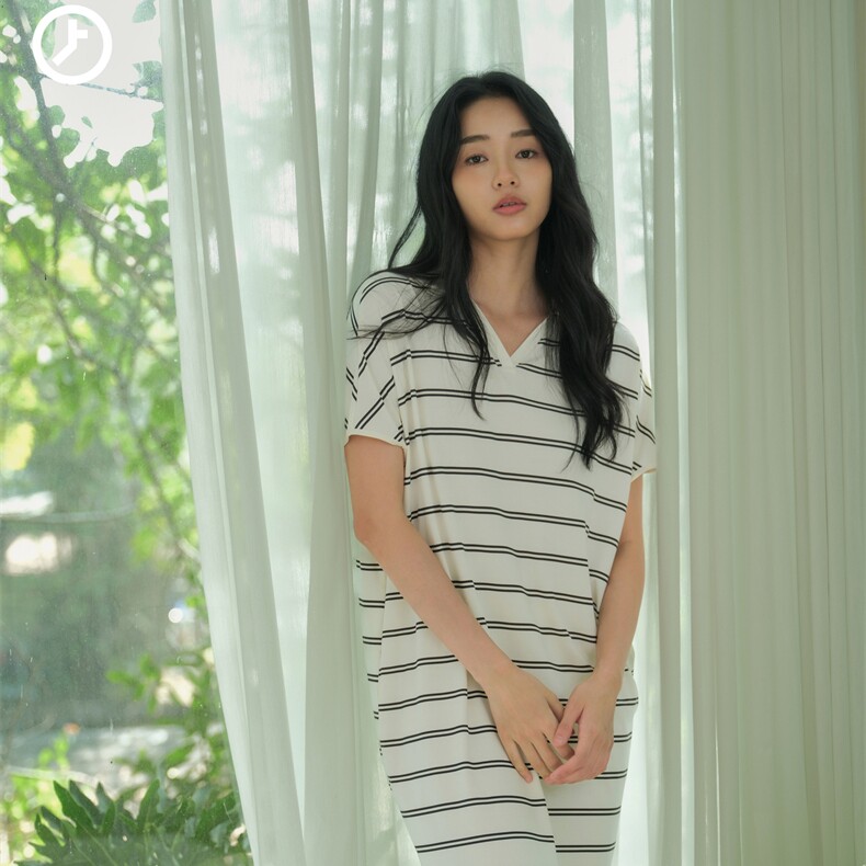 创五季夏季轻薄休闲V领条纹直筒开叉宽松连衣裙简约家居服女 5003