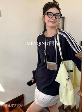 春季新款圆领白色打底衫宽松休闲长袖T恤蕾丝边雪花冰少女上衣114