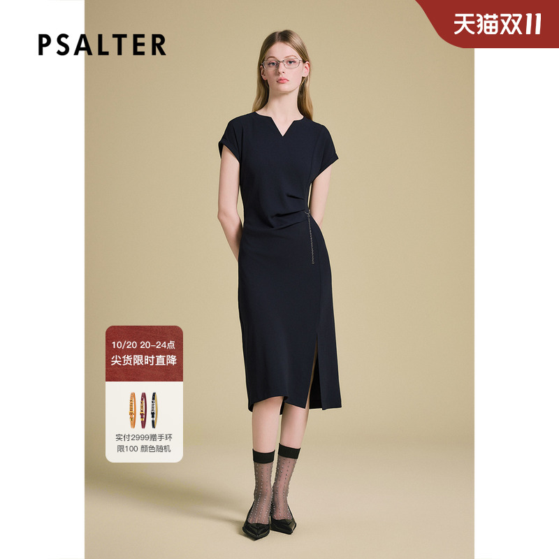 PSALTER诗篇气质V领褶皱开衩落肩袖醋酸修身连衣裙2025夏季新款