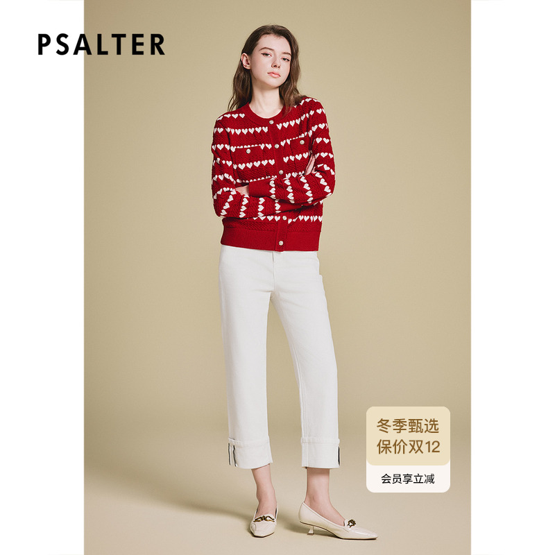 【 趣味春夏】诗篇专选中国红爱心提花圆领长袖针织衫2025春新款