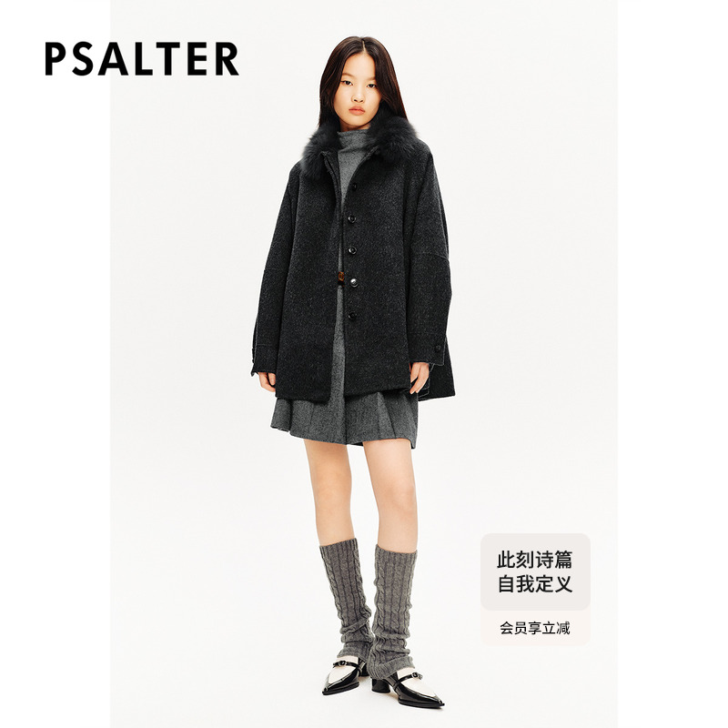 PSALTER诗篇可拆卸狐狸毛领A摆斗篷式毛呢大衣女外套冬款