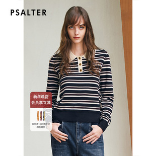 上衣女2025冬季 针织衫 诗篇专选POLO领长袖 新款 复古撞色条纹
