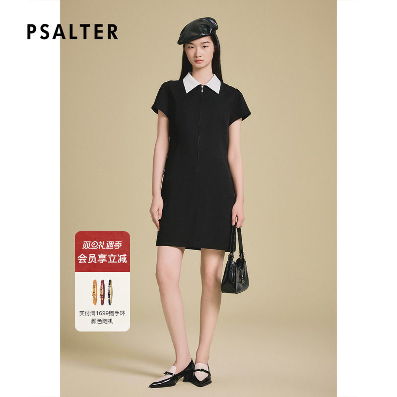 PSALTER诗篇学院风撞色翻领收腰显瘦连衣裙小黑裙2025夏季