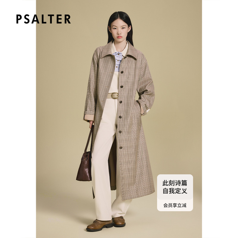 PSALTER诗篇学院风长款单排扣格纹风衣外套2025秋季新款