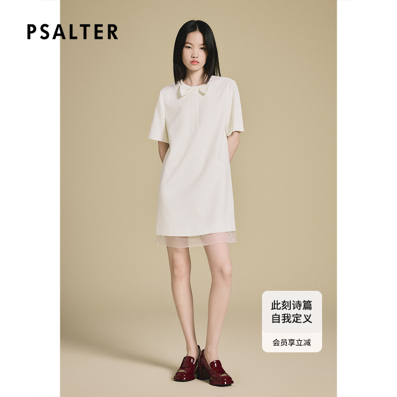 PSALTER诗篇蝴蝶结领拼接薄纱小白裙气质连衣裙2025夏季新款