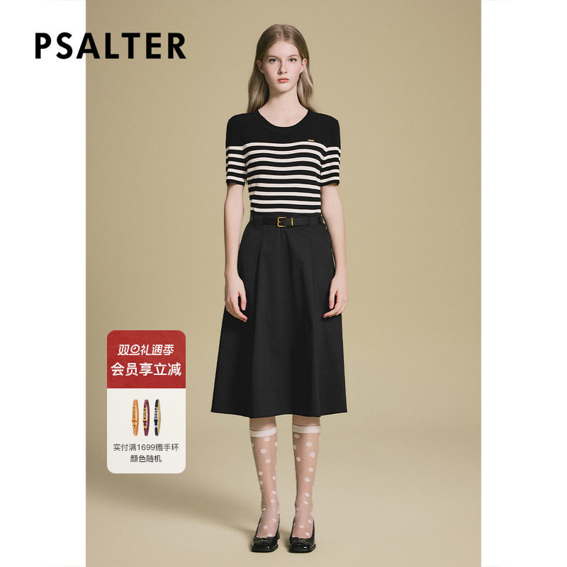 诗篇专选假两件条纹针织拼接连衣裙显瘦小黑裙配腰带2025夏季新款