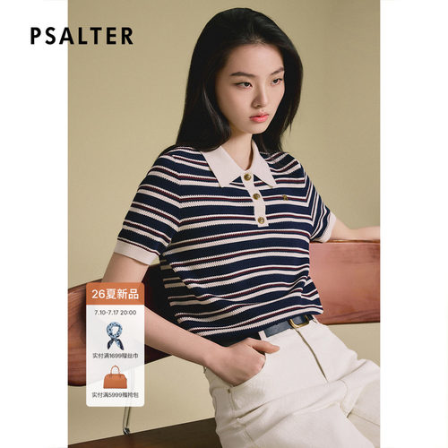 【聪颖学院风】诗篇专选条纹翻领POLO领薄款短款女针织衫T恤早秋
