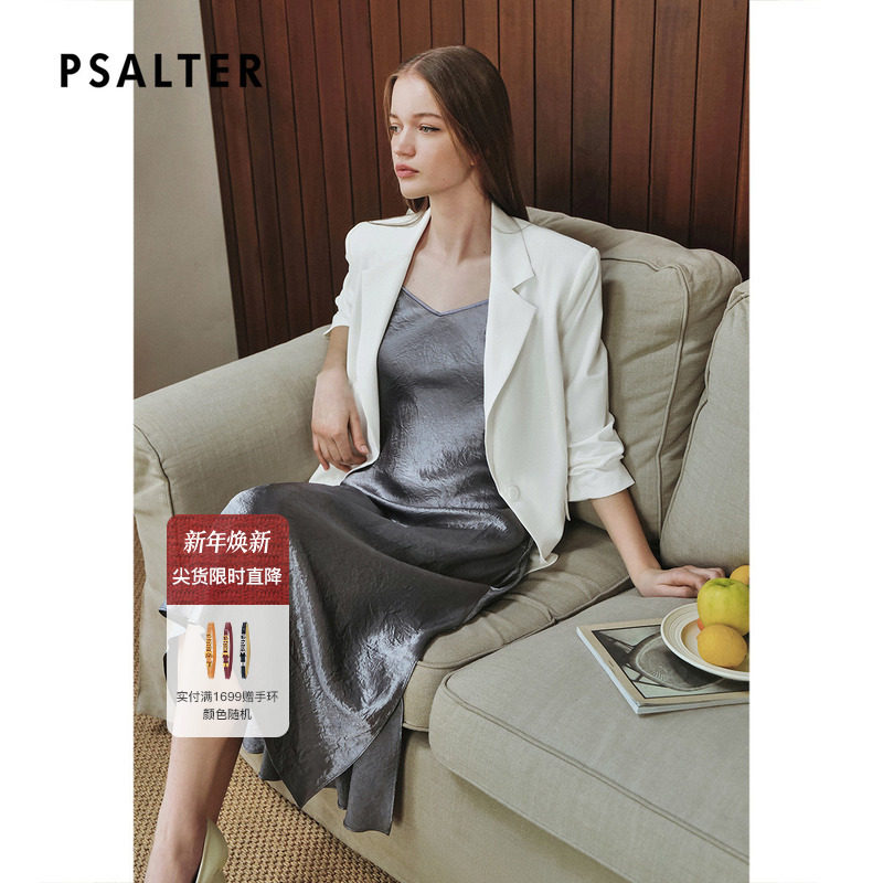 诗篇专选简约一粒扣亚麻修身显瘦褶皱七分袖西装外套2025春季新款