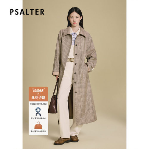 PSALTER诗篇学院风长款单排扣格纹风衣外套2025秋款