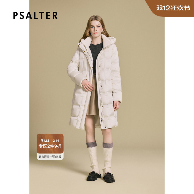 PSALTER诗篇盐缩缎面光泽几何菱格压胶充绒长羽绒服2025冬季新款