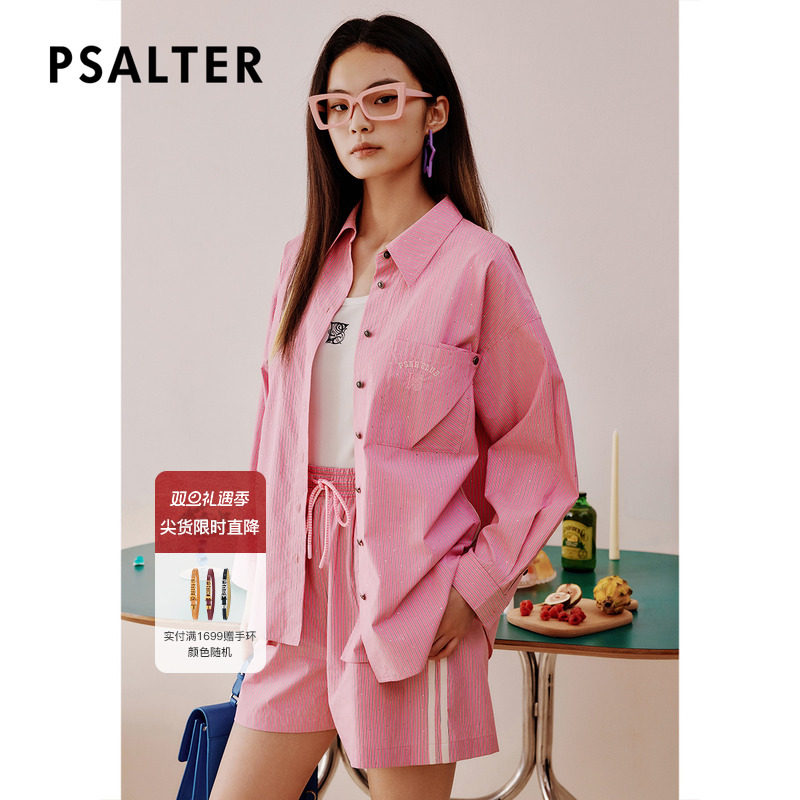 PSALTER诗篇系带松紧腰学院风烫钻条纹短裤休闲裤夏款