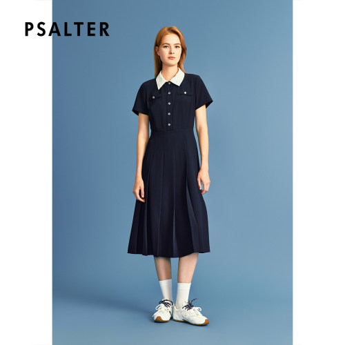 PSALTER诗篇时尚POLO领收腰压褶A字裙连衣裙2026秋季新款
