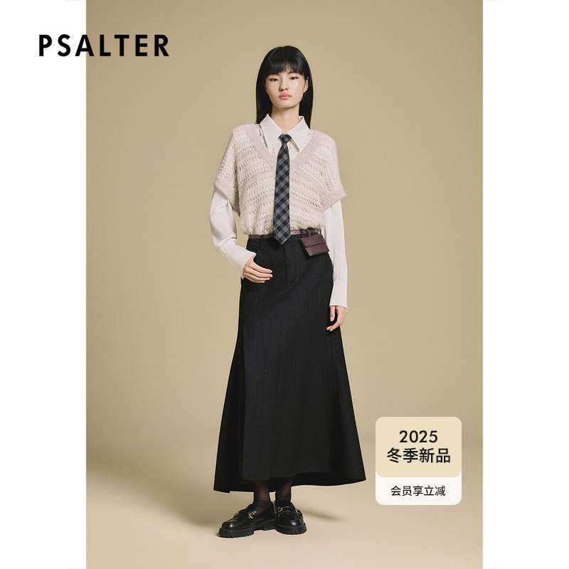 PSALTER诗篇V领镂空针织马甲背心叠穿衬衫两件套2025冬季新款