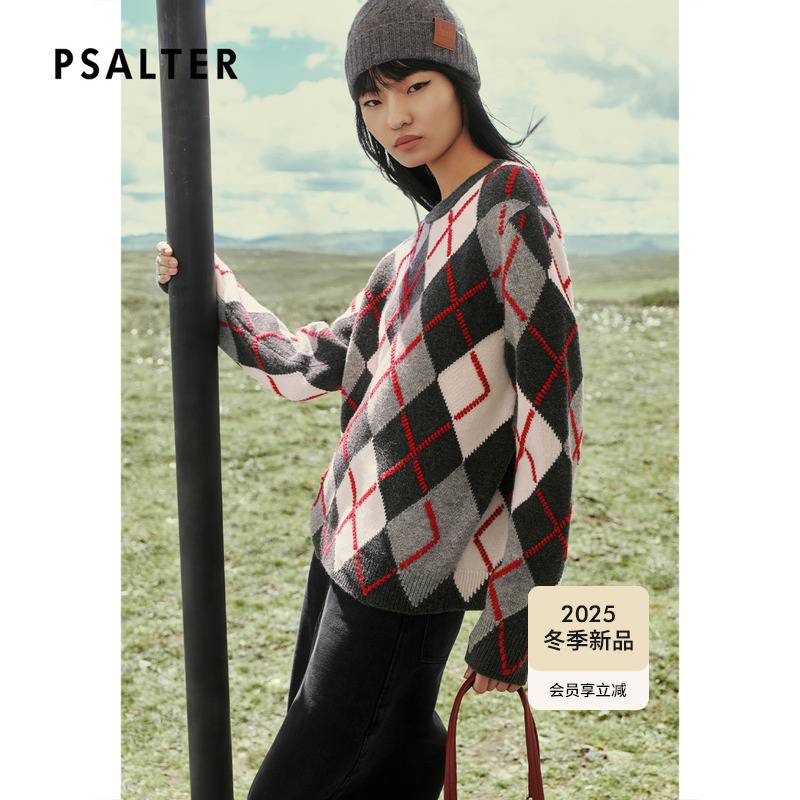 PSALTER诗篇学院风羊毛菱形格圆领宽松落肩针织衫2025冬季新款